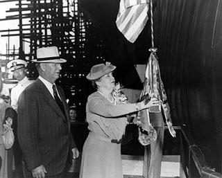 Secnav Frank Knox and Sponsor Mrs. Annie Reid Knox, at the launching ceremony, Newport News Shopbuilding & Drydock Co., 1943